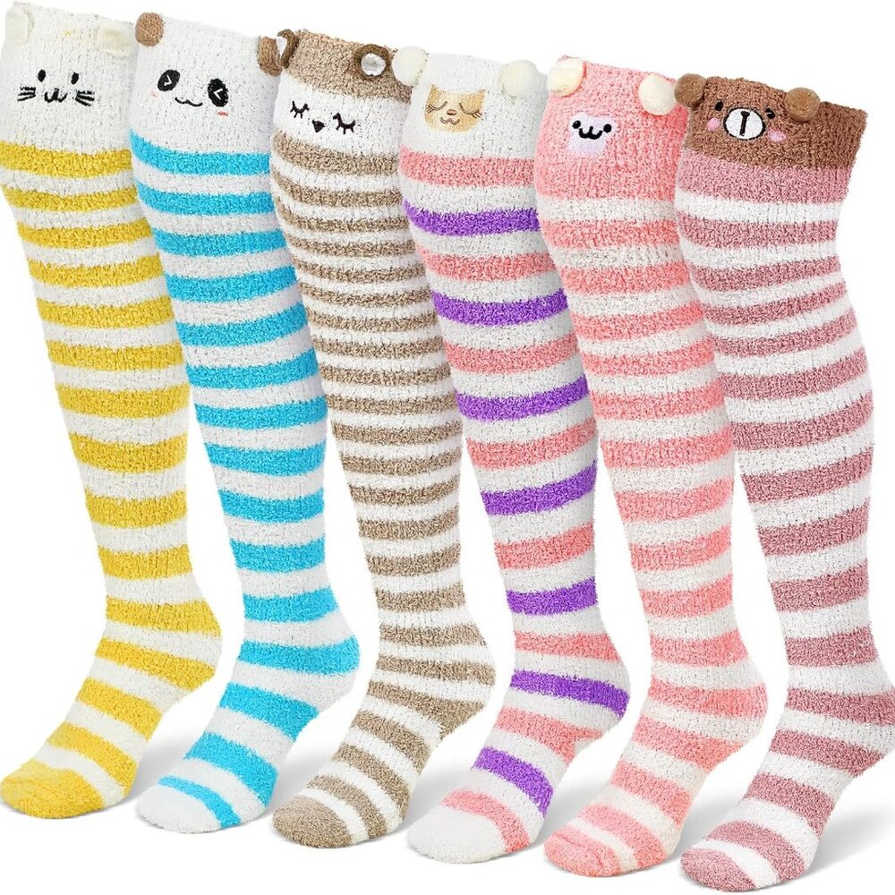 6 Pairs Cute Cartoon Fuzzy Over Knee Socks in Coral Fleece - Cozy Winter Style
